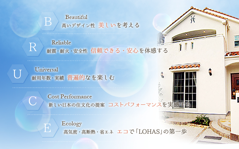 B - Beautiful:高いデザイン性 美しいを考える / R - Reliable:耐震・耐火・安全性 信頼できる・安心を体感する / U - Universal:耐用年数・実績 普遍的なを楽しむ / C - Cost Performance:新しい日本の住文化の提案 コストパフォーマンスを実感する / E - Ecology:高気密・高断熱・省エネ エコで「LOHAS」の第一歩